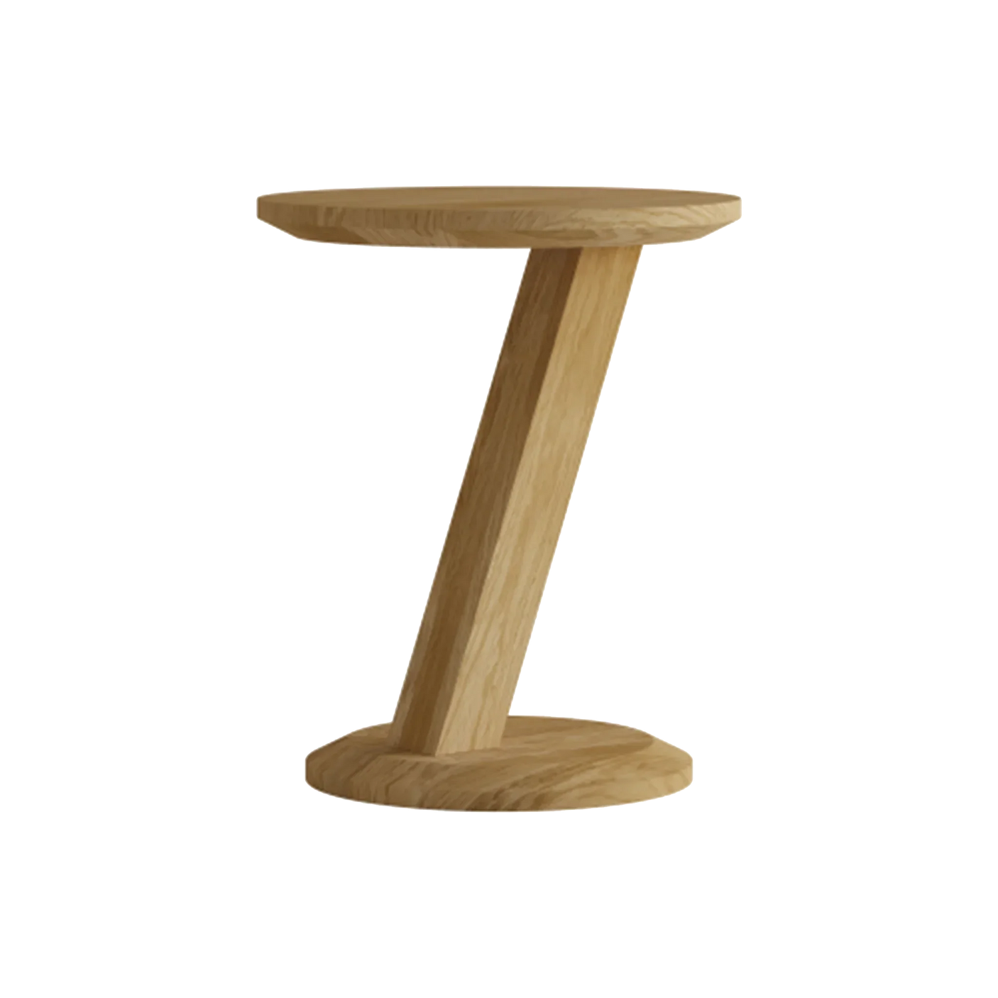 Round oak side table with angled Z-shaped base and natural wood finish