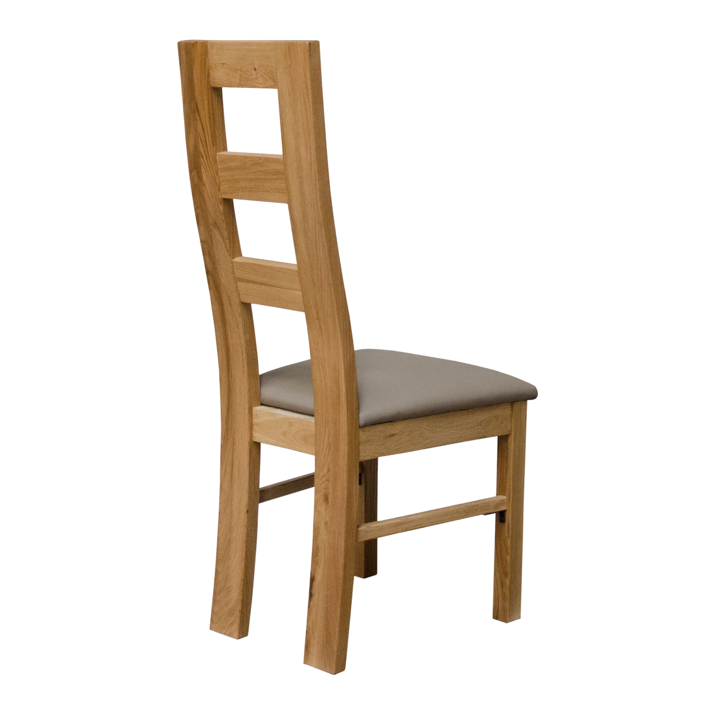 Oak dining chair with ladder back design and cushioned seat, side angle view