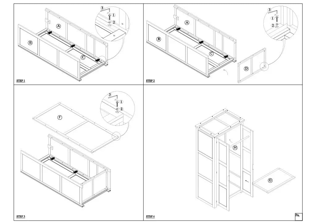 Wardrobe assembly instructions showing frame, side panels, top panel and internal rail