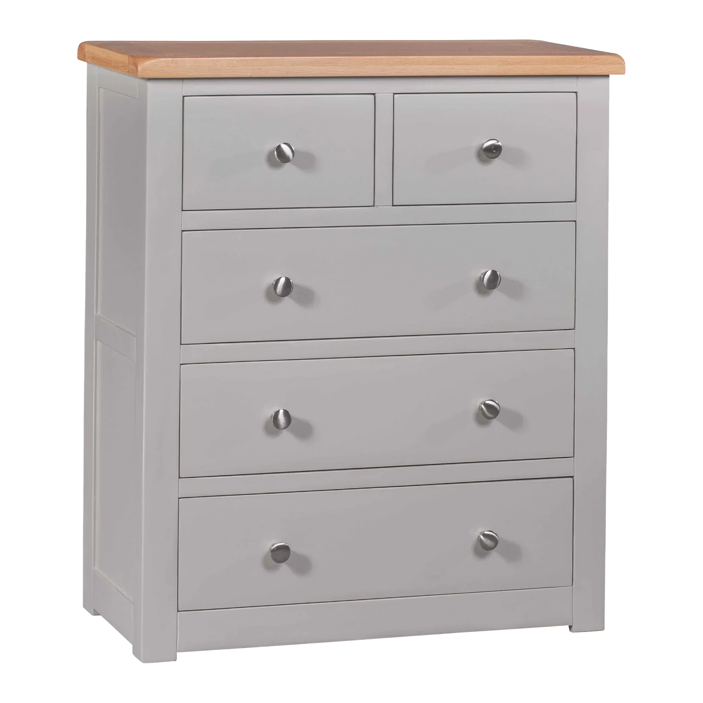 Grey chest of drawers with five drawers and wooden top, metal handles, angled view