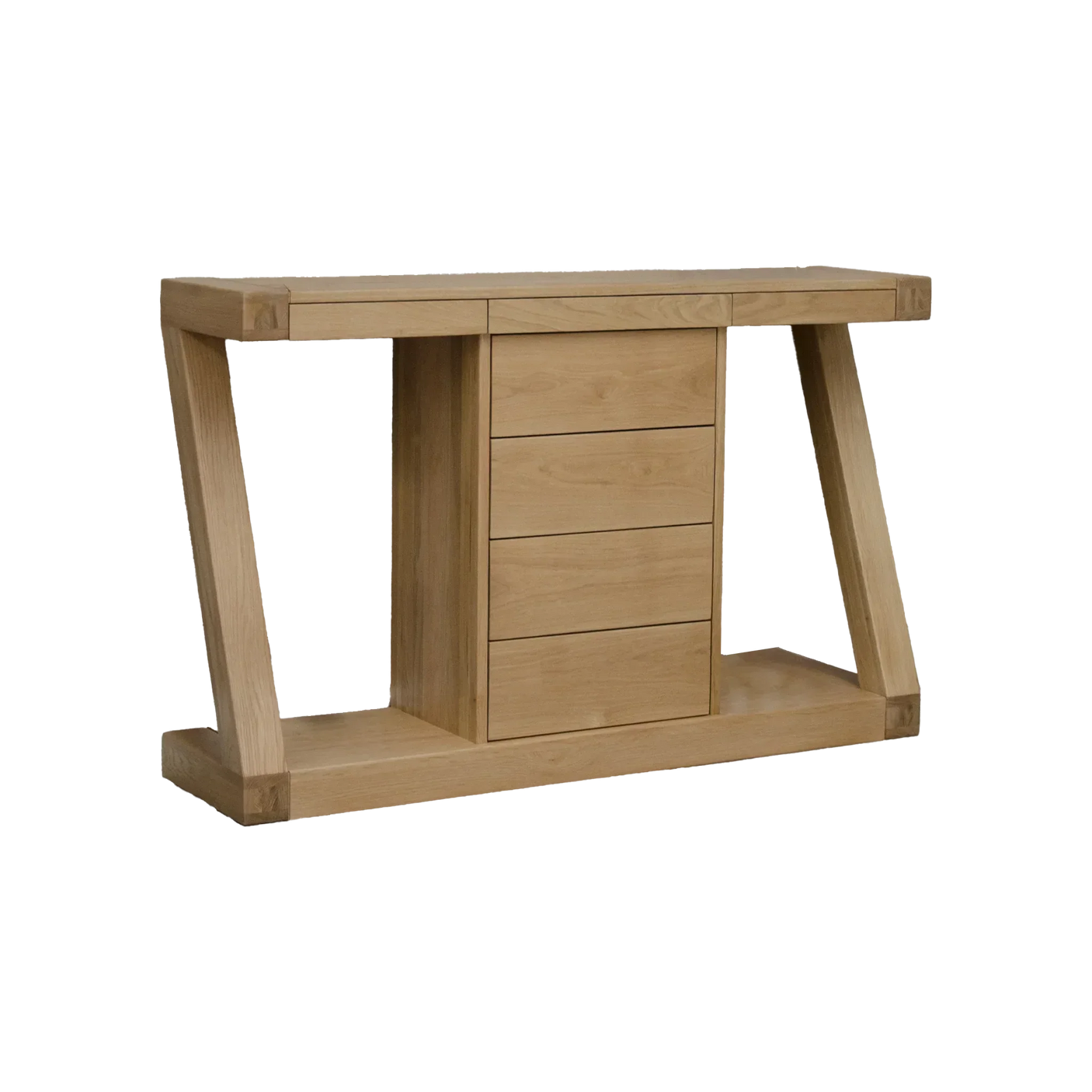 Modern oak console table with four central drawers and angled wooden legs