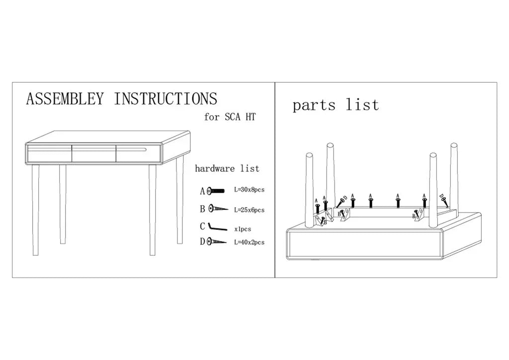 Desk assembly instructions diagram showing hardware and parts list for furniture setup