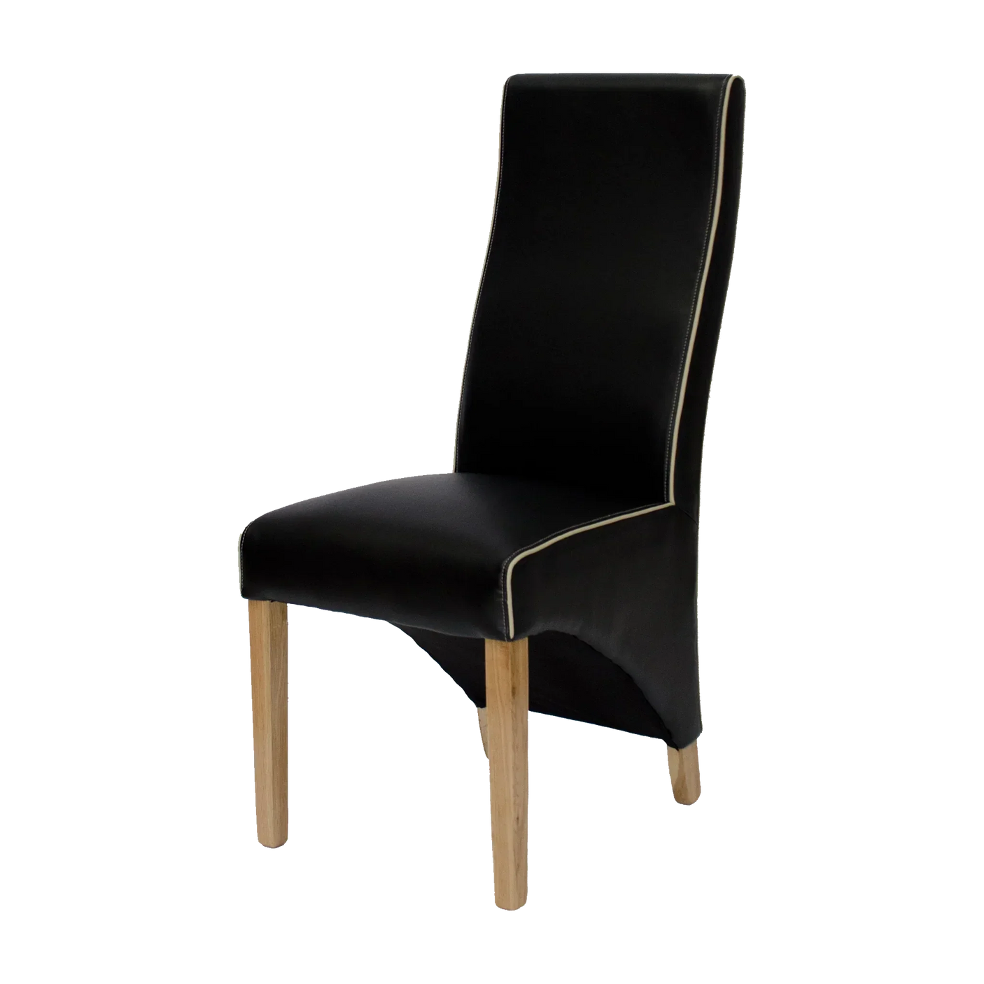Black dining chair with wooden legs and white piping, side profile view