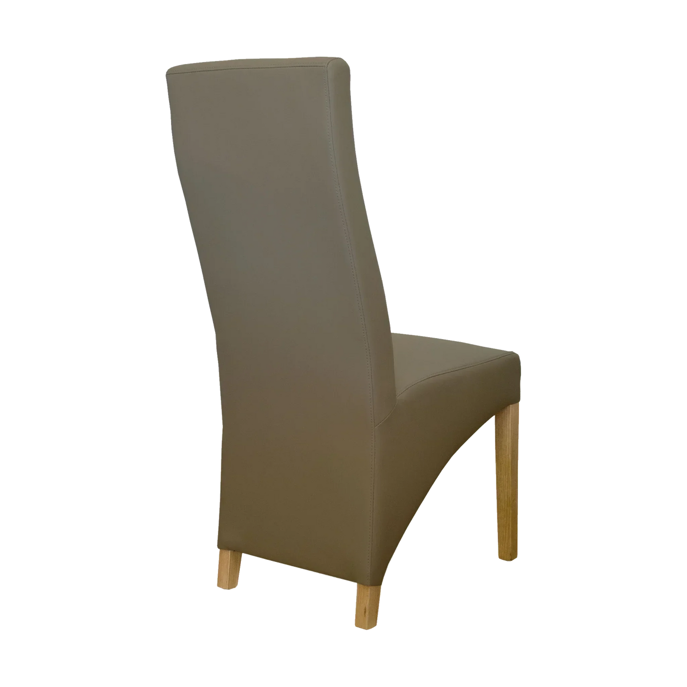 Brown leather dining chair with tall back and wooden legs side angle