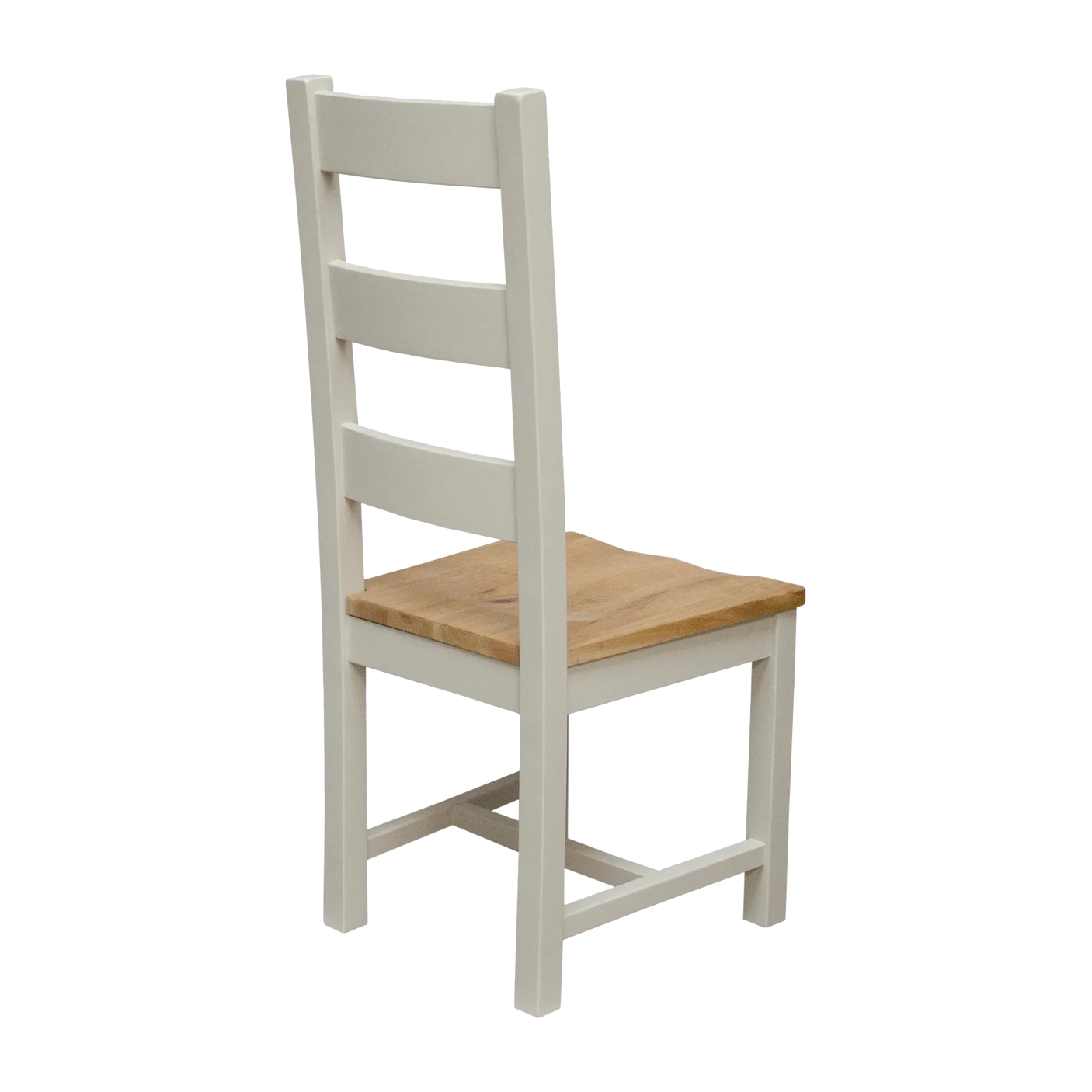 Wooden dining chair with natural oak seat and white ladder back, rear angle view