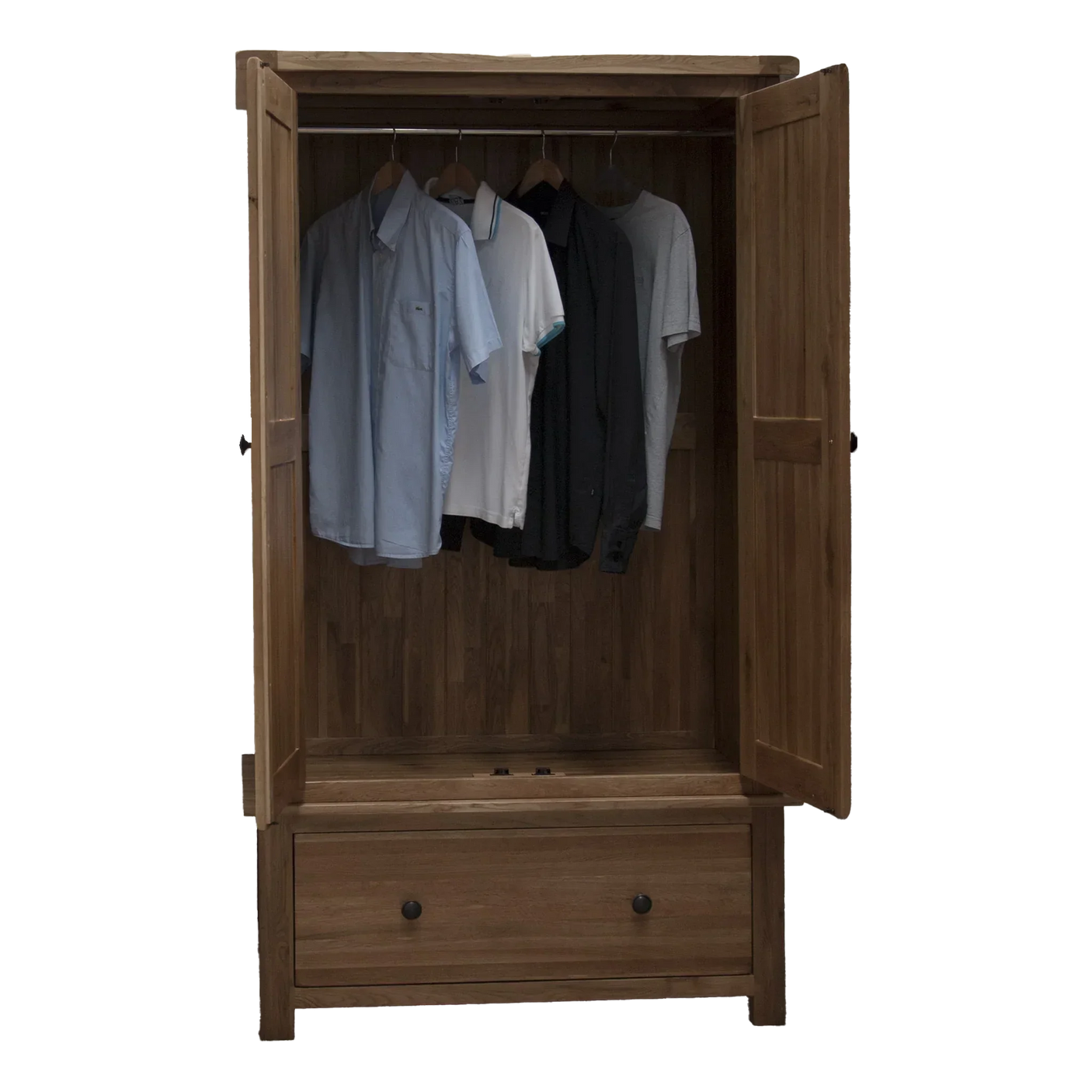 Wooden wardrobe with open doors, hanging shirts, and a bottom storage drawer