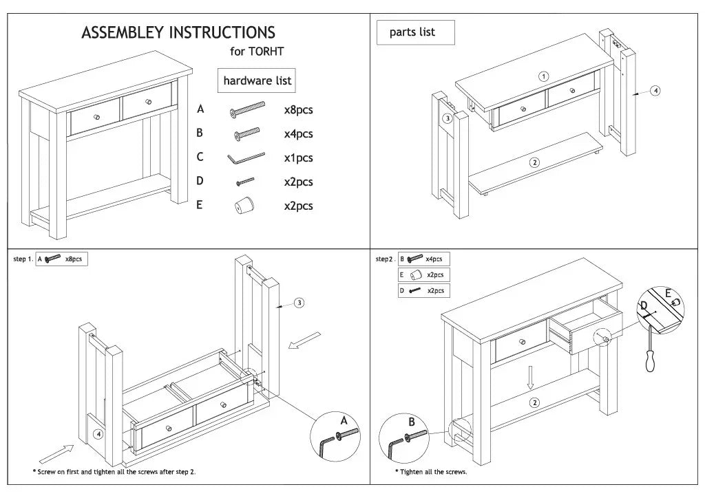 Console table assembly instructions with parts diagram, hardware list, and step-by-step guide