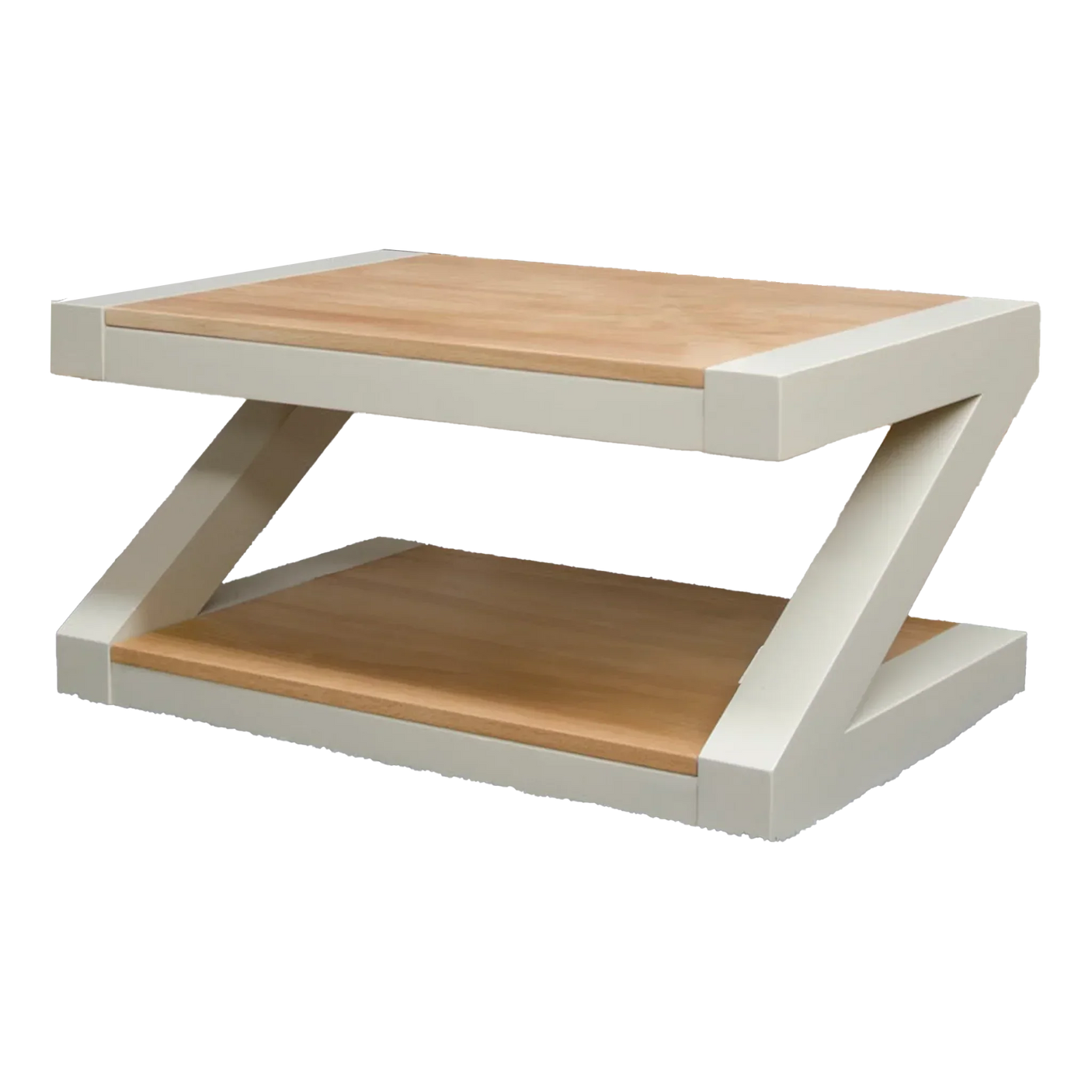 Modern coffee table with Z-shaped cream frame and two-tier natural wood shelves