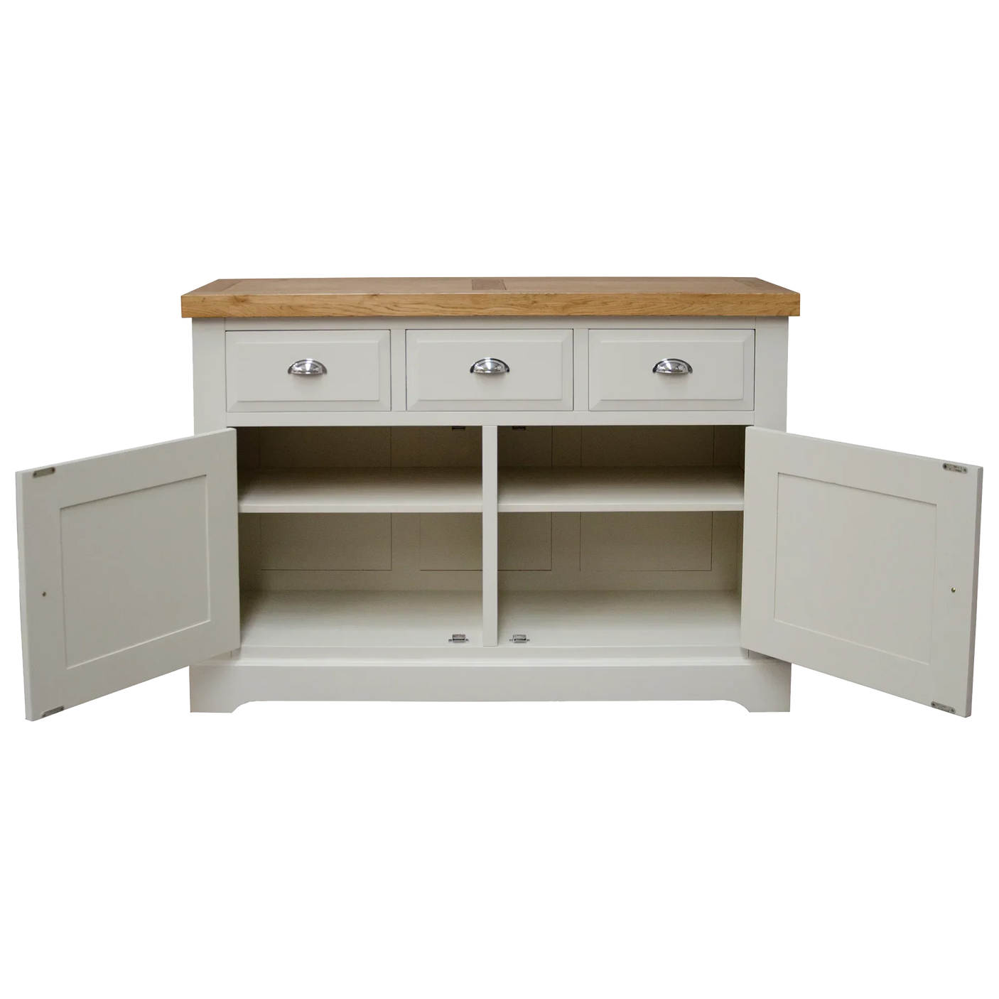 Cream sideboard with oak top, three drawers, open cupboard doors, and shelving