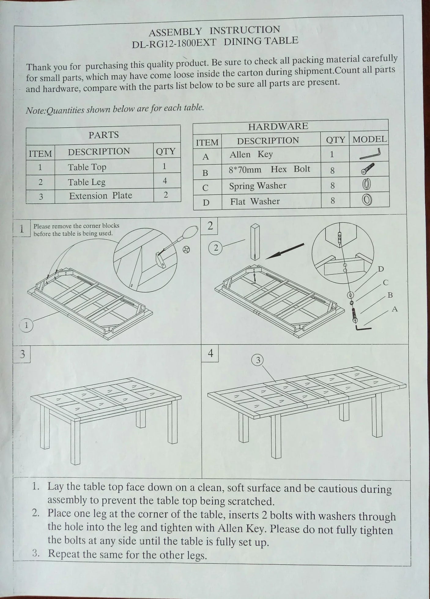 Dining table assembly instructions with part list and step-by-step illustrated guide