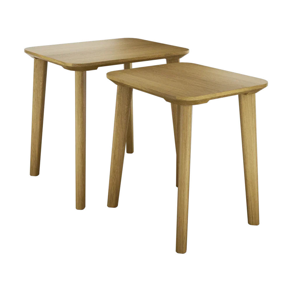 Set of two wooden nesting tables with square tops and angled legs