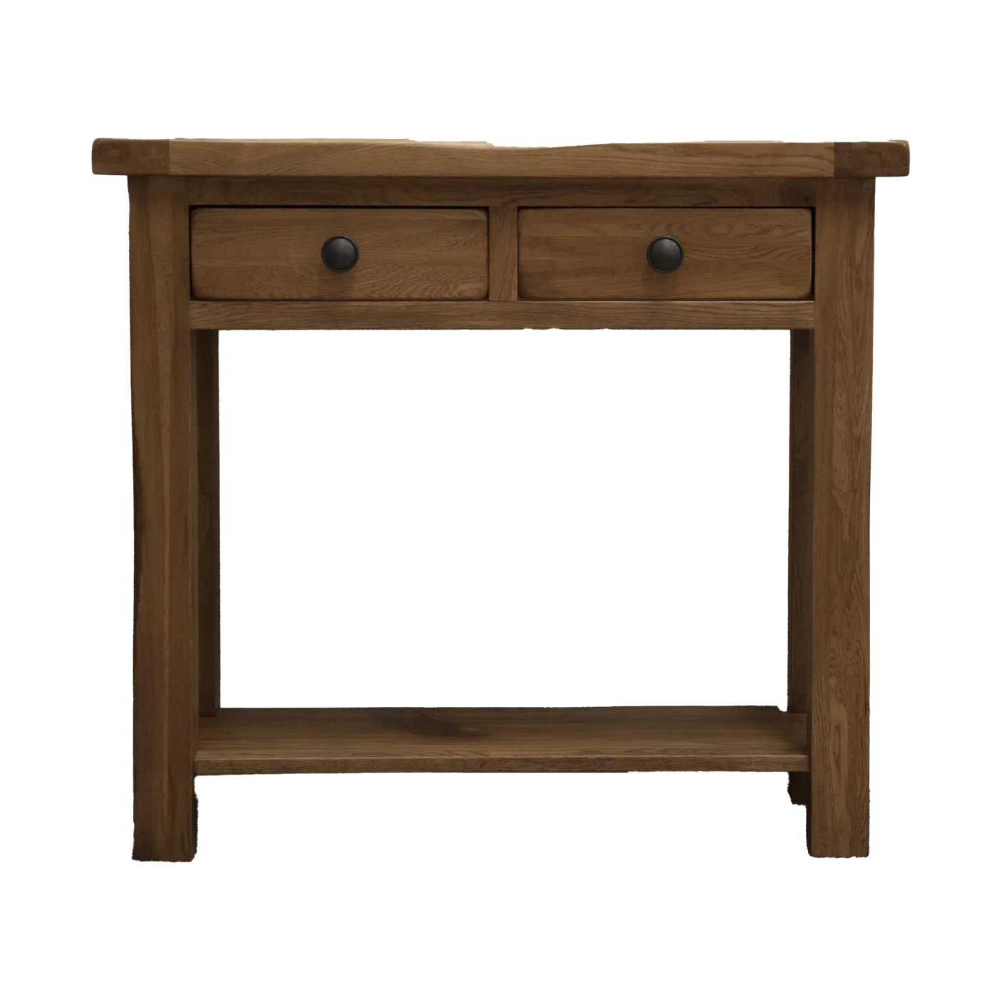Oak console table with two drawers and lower shelf, straight front view