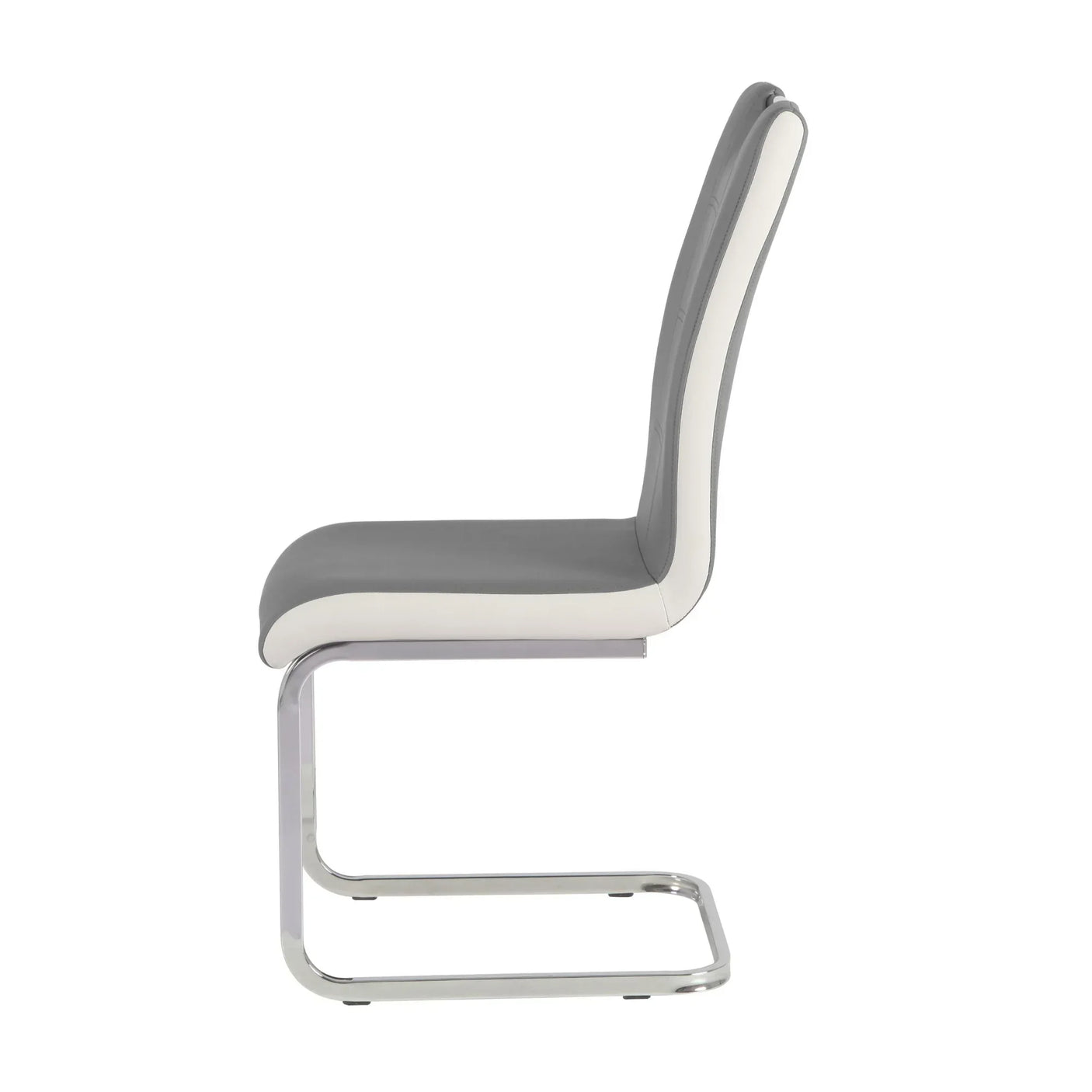 Grey and white cantilever dining chair with chrome frame side view