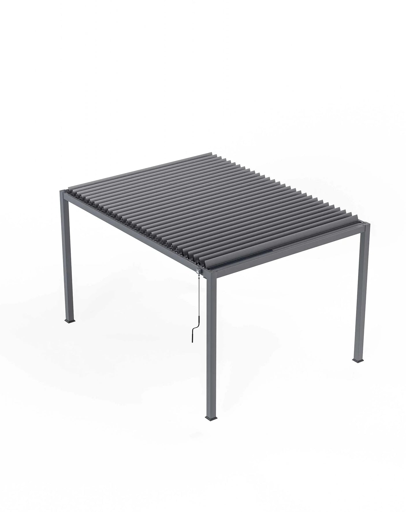 Grey metal pergola with adjustable louvre roof and crank handle, angled front view