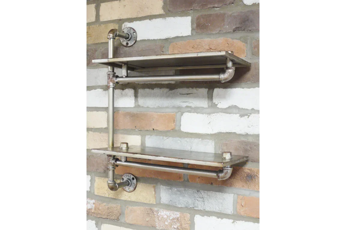 Industrial wall shelf with metal pipes and two tiers mounted on exposed brick wall