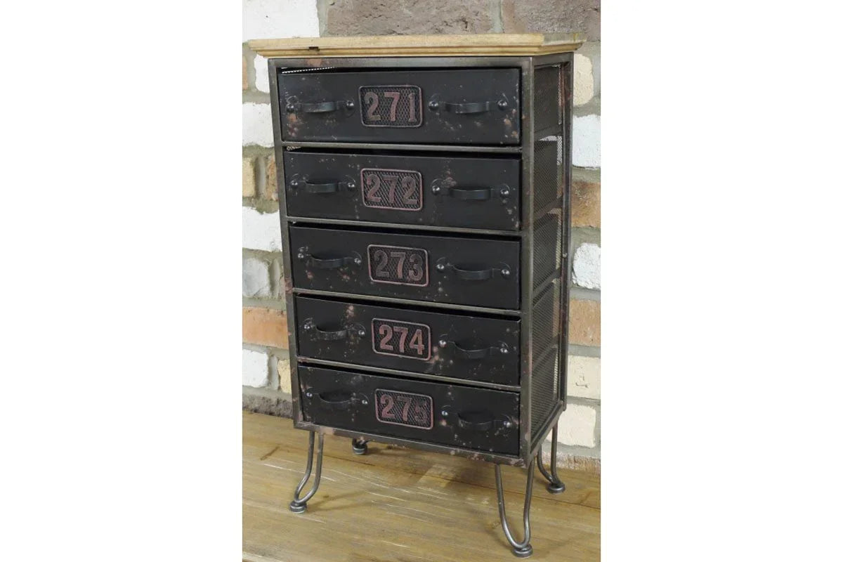 Industrial style chest of drawers with metal frame, numbered black drawers and wooden top
