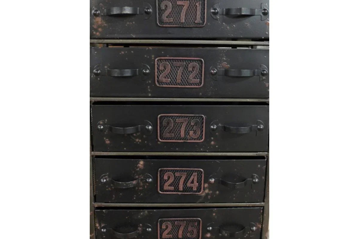Industrial metal chest of drawers with numbered fronts and black handles