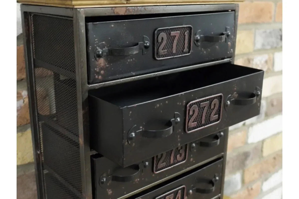 Industrial metal chest of drawers with numbered black drawers and mesh side panel