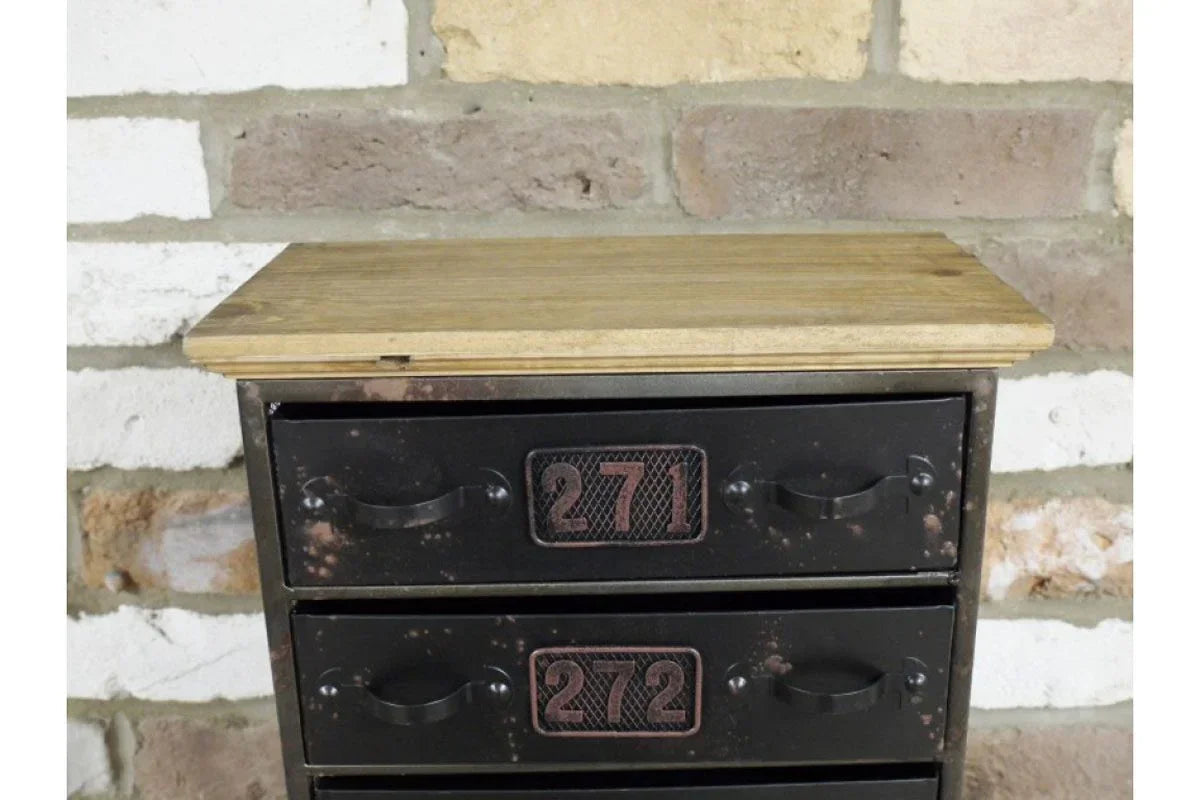 Industrial style metal storage drawers with wooden top and numbered metal handles