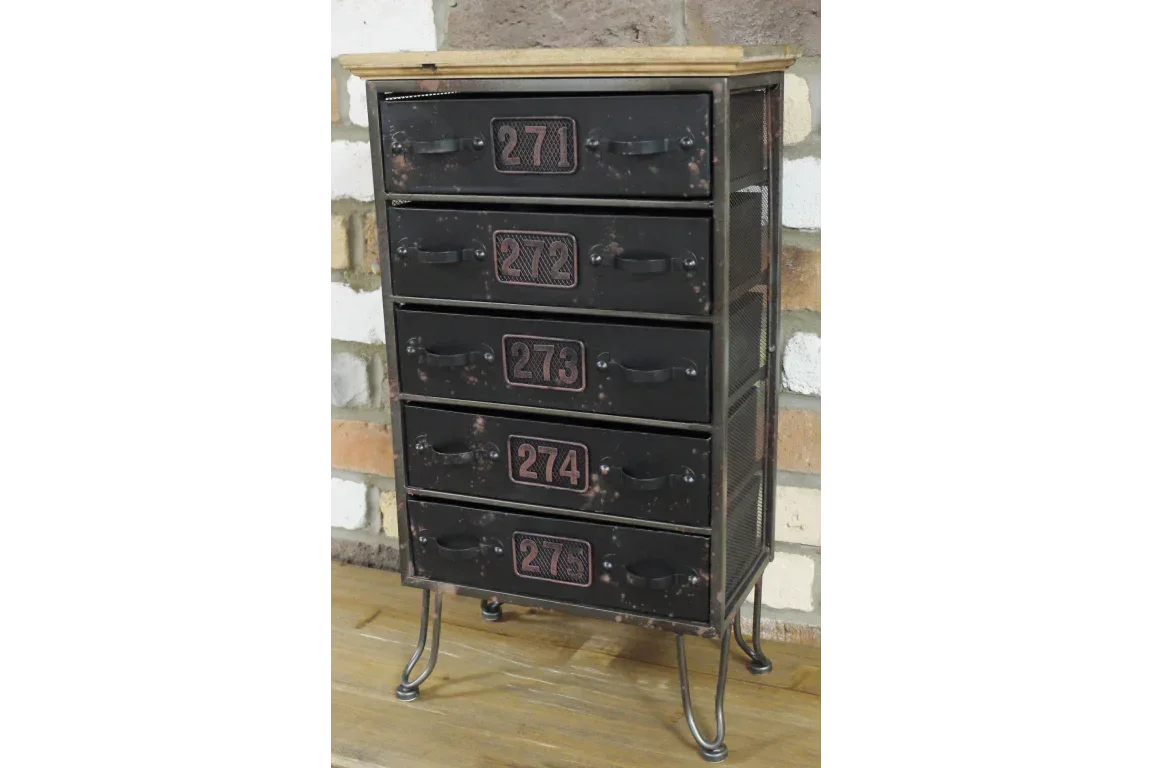 Industrial black metal chest of drawers with numbered fronts and curved metal legs