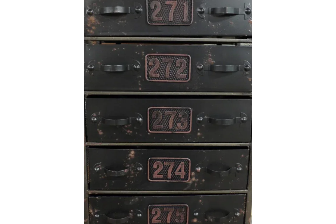 Industrial metal drawer unit with numbered black drawers and distressed finish