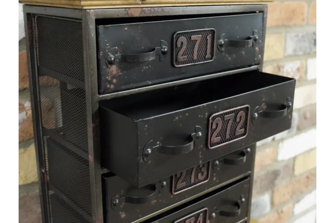 Industrial metal chest of drawers with numbered black drawers and mesh side panel