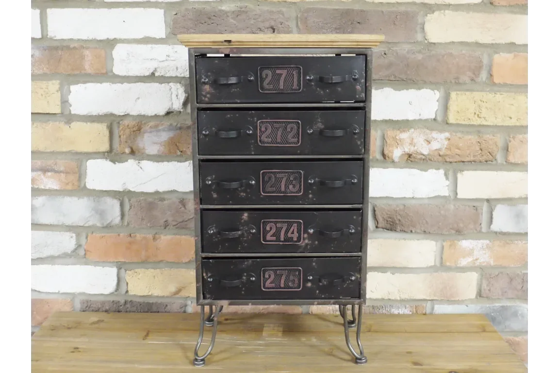 Industrial metal chest of drawers with numbered fronts, wood top, and hairpin legs