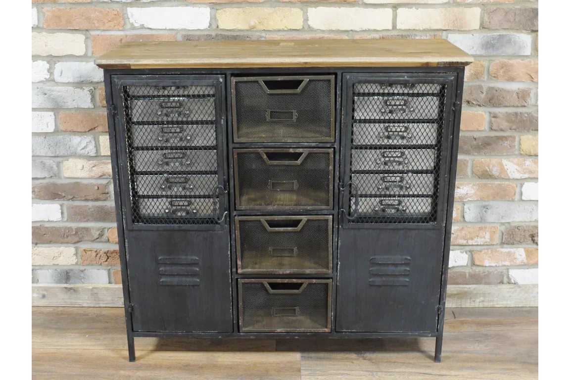 Industrial sideboard with black metal drawers, mesh doors, and wood top against brick wall