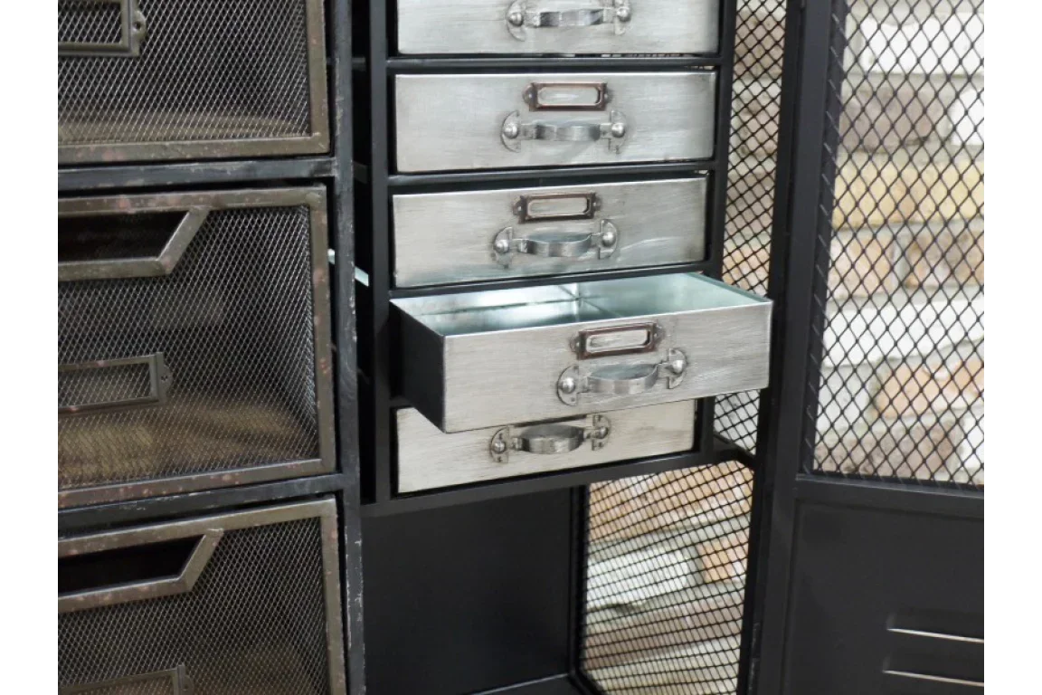 Industrial metal storage cabinet with mesh doors and open silver drawers