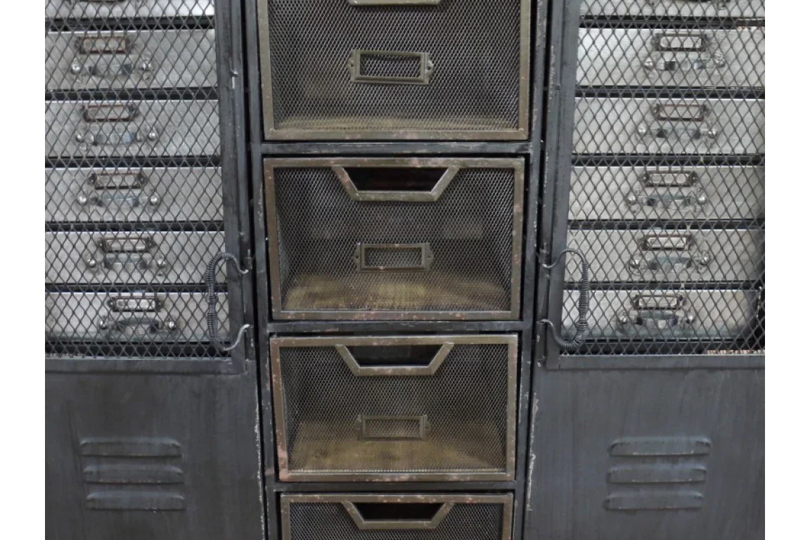 Industrial metal storage cabinet with mesh drawers and locker-style doors