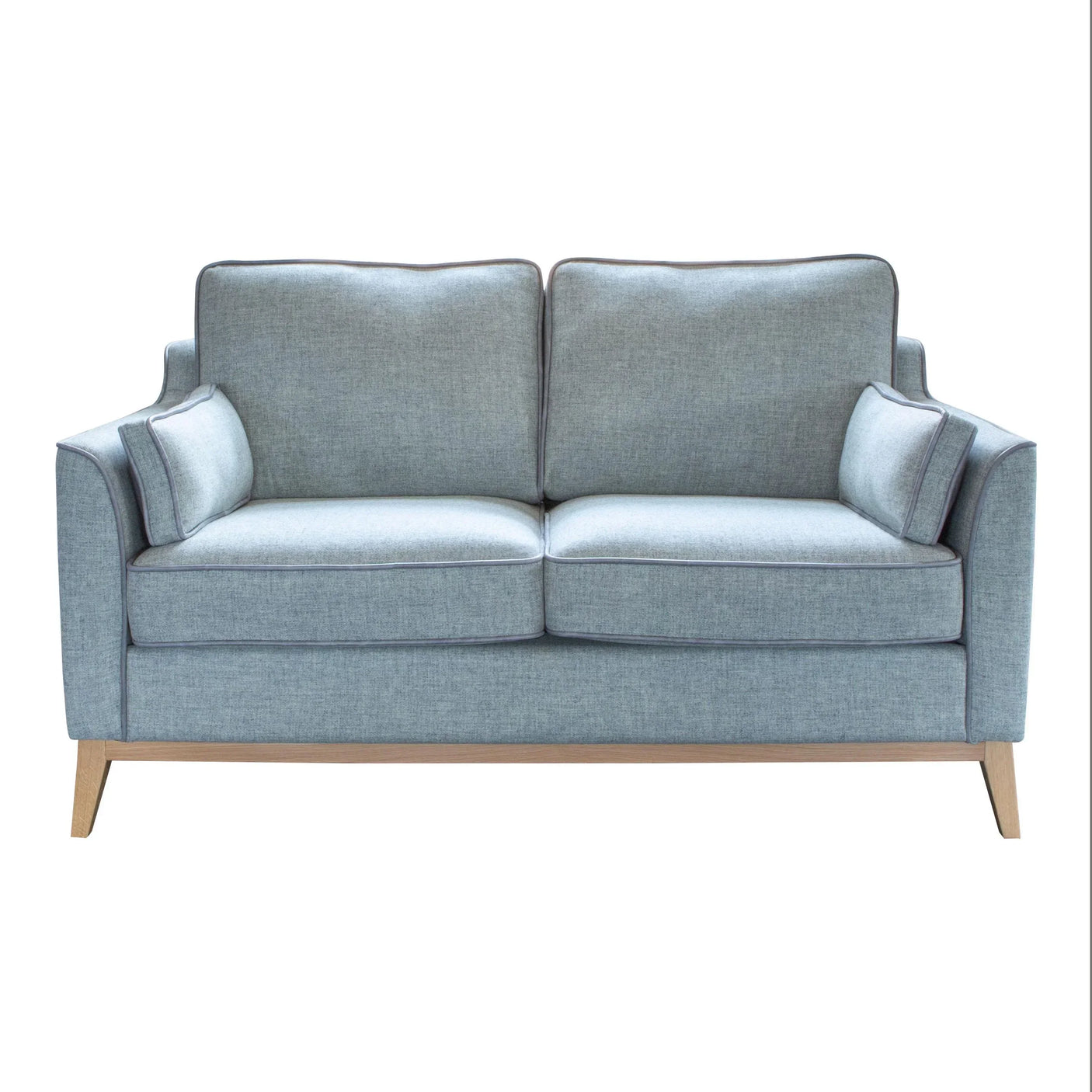 Light grey fabric two-seater sofa with wooden legs and matching scatter cushions, front view