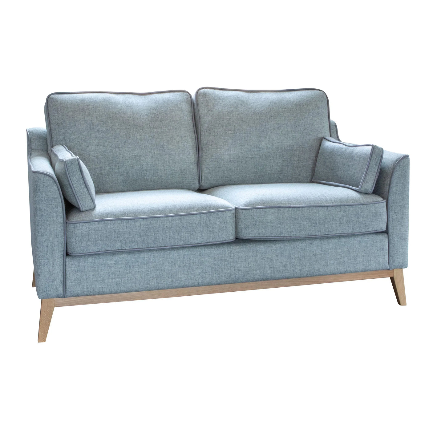 Light blue fabric sofa with wooden legs and matching arm cushions, front view