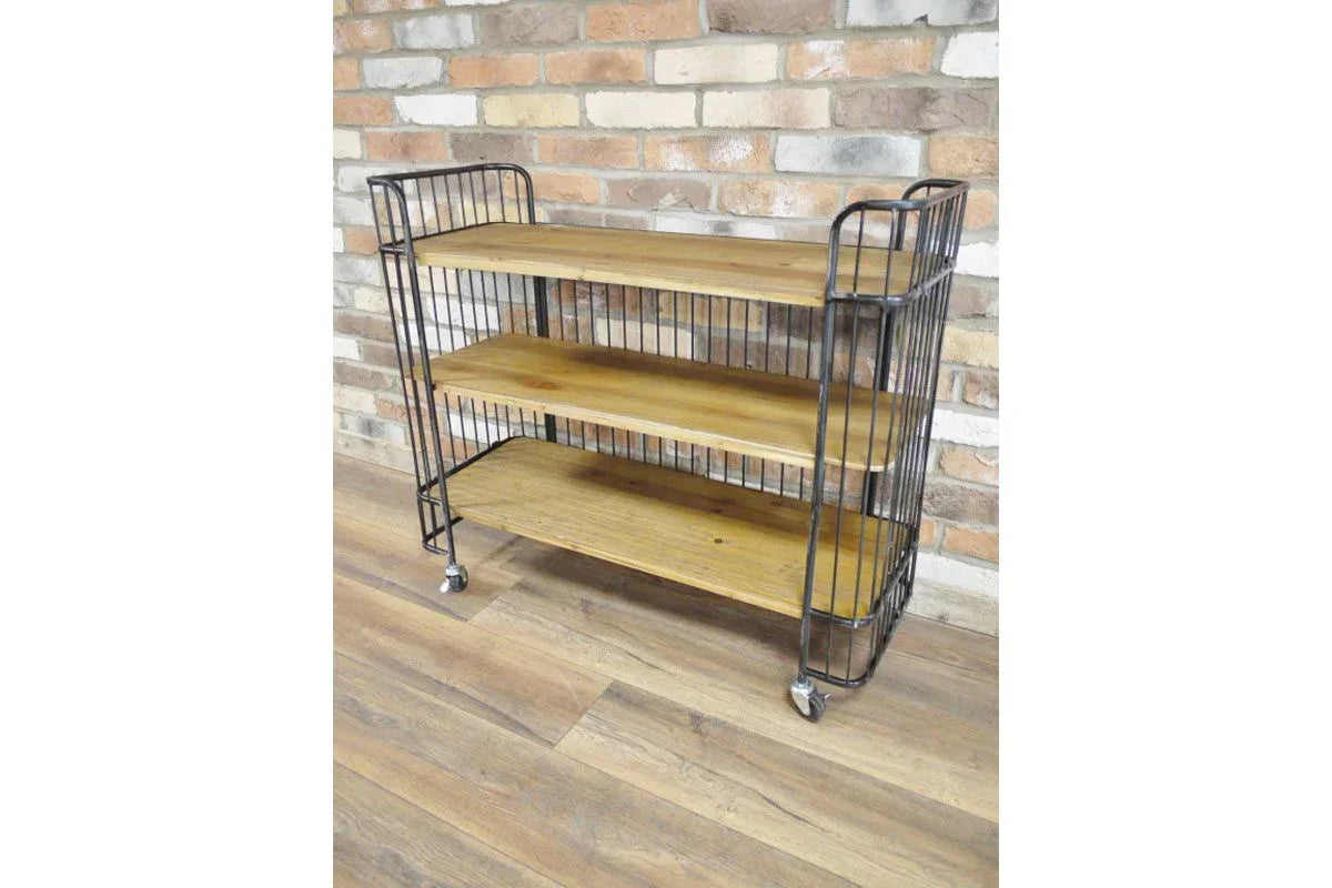 Industrial style wooden shelving unit with black metal frame and caster wheels