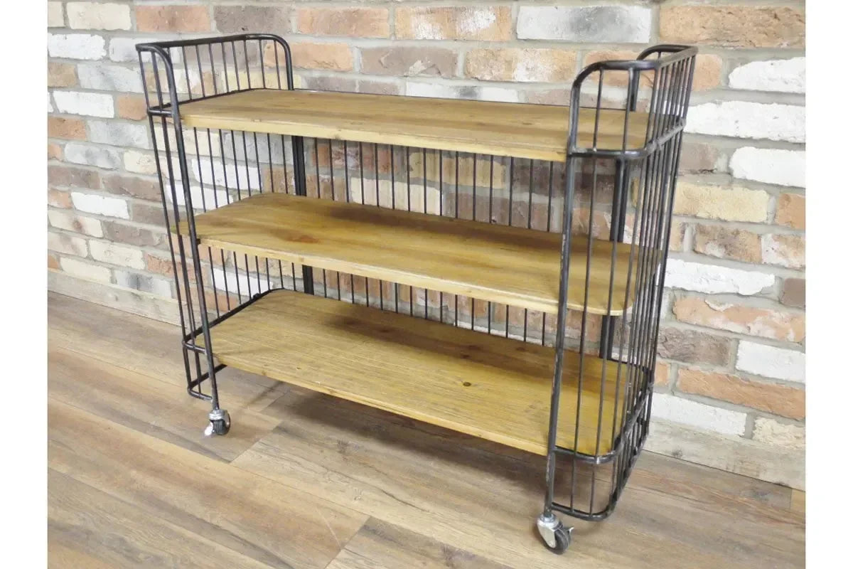 Industrial style shelving unit with three wooden shelves and metal frame on caster wheels