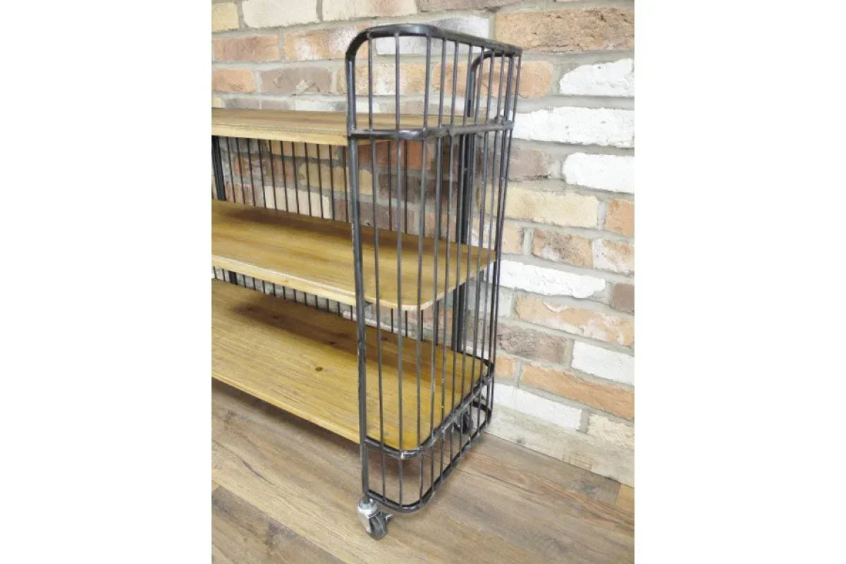 Industrial style shelving unit with metal frame, wooden shelves, and castor wheels