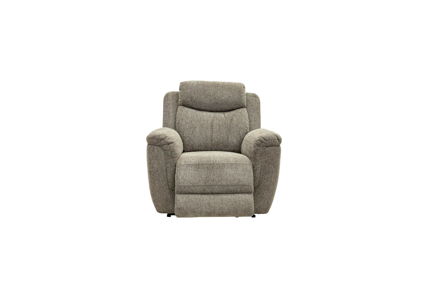 A single upholstered recliner chair in a textured light gray fabric, shown from the front against a plain white background.