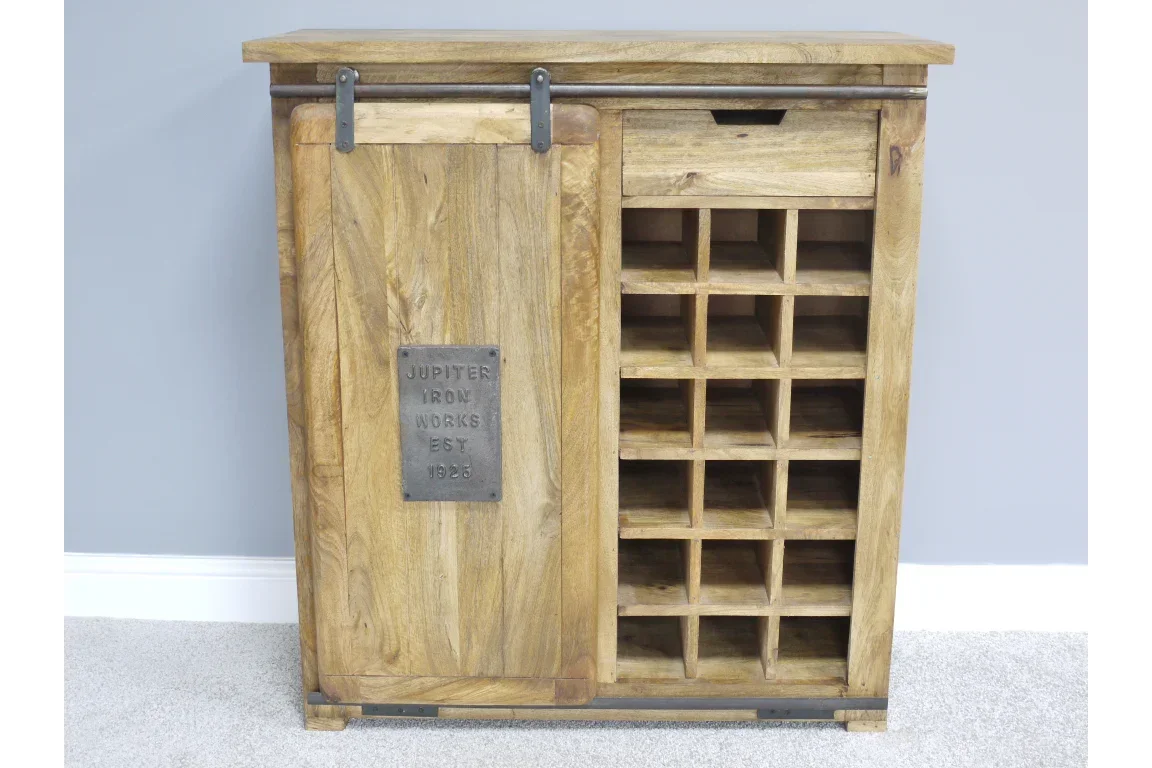 Wooden wine rack cabinet with sliding barn door and bottle storage compartments