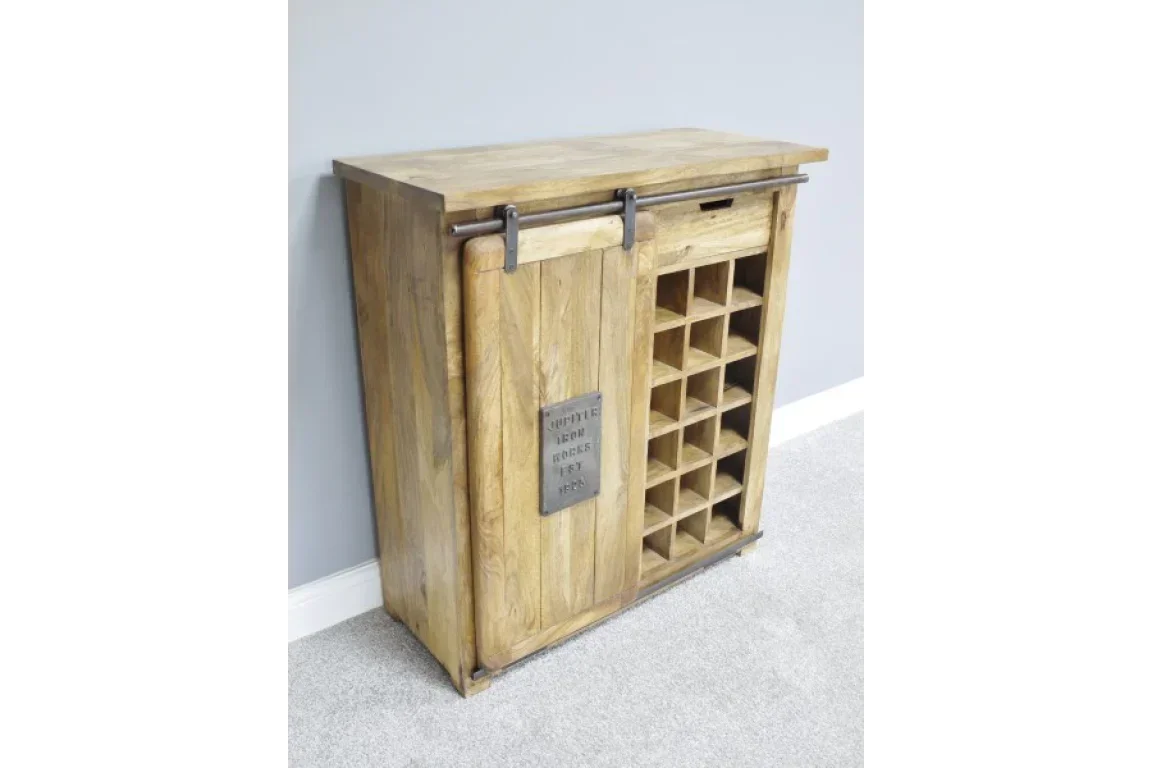 Rustic wooden wine cabinet with sliding barn door and grid bottle storage compartments