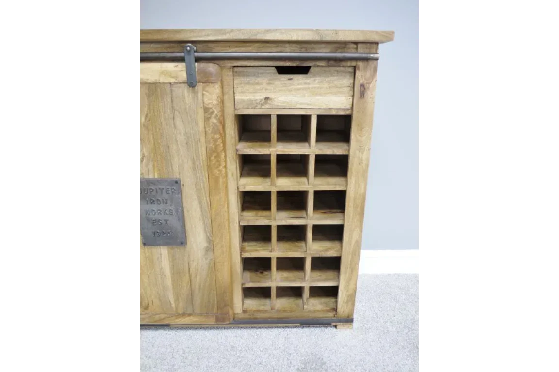 Wooden wine rack sideboard with drawer and sliding barn door