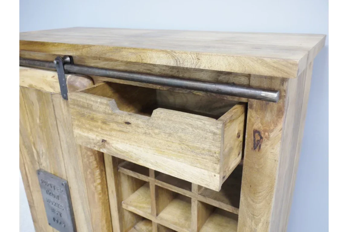 Solid wood wine storage cabinet with open drawer and cubby shelves