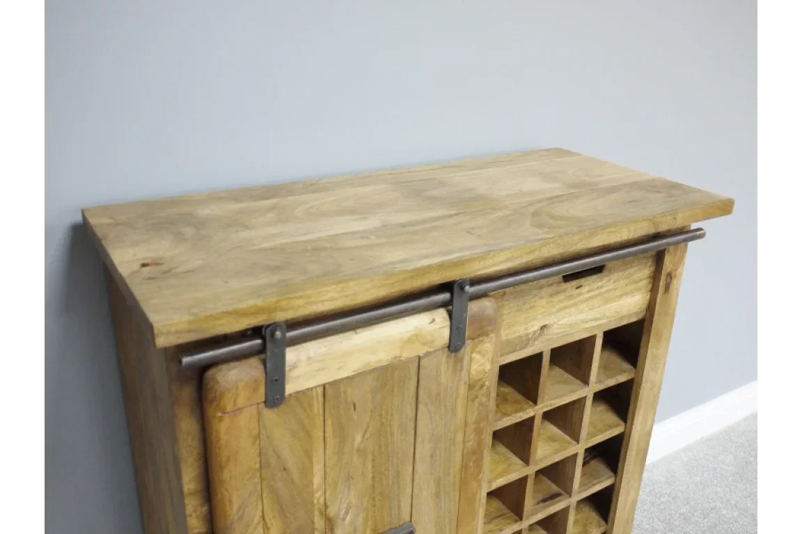 Solid wood wine cabinet with metal sliding door and bottle storage compartments