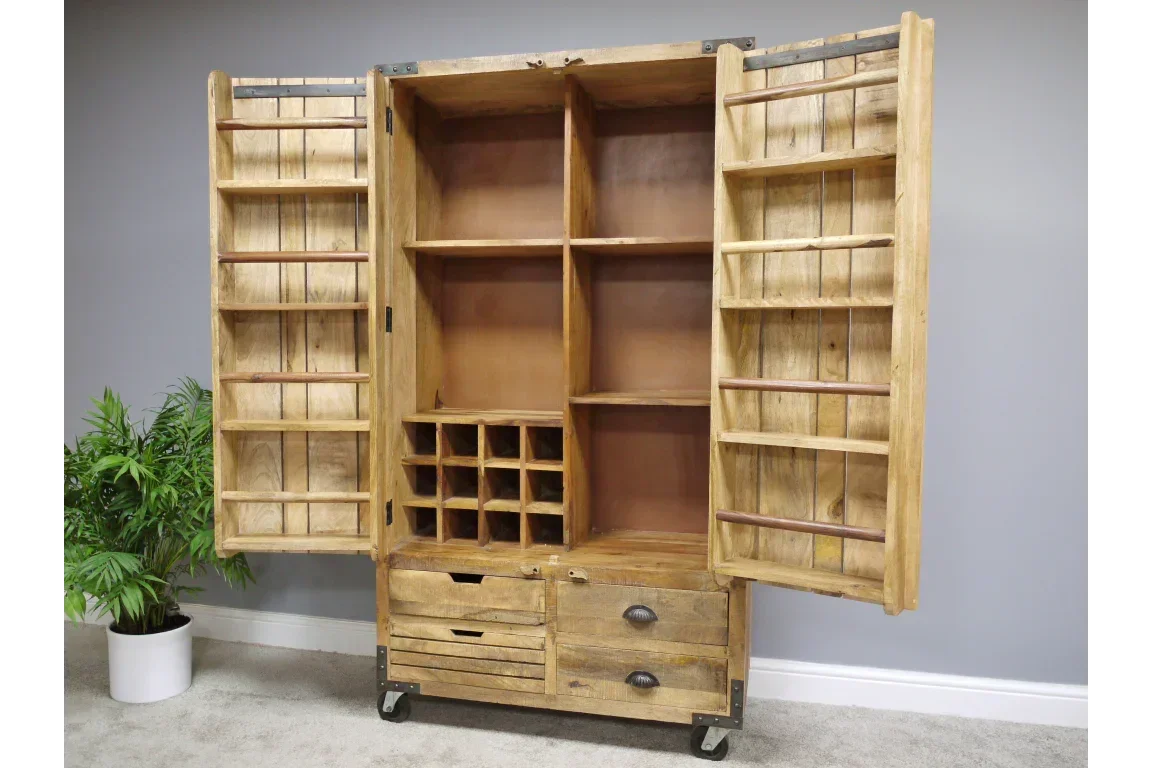 Rustic wooden drinks cabinet with open doors, wine rack, drawers, and shelving
