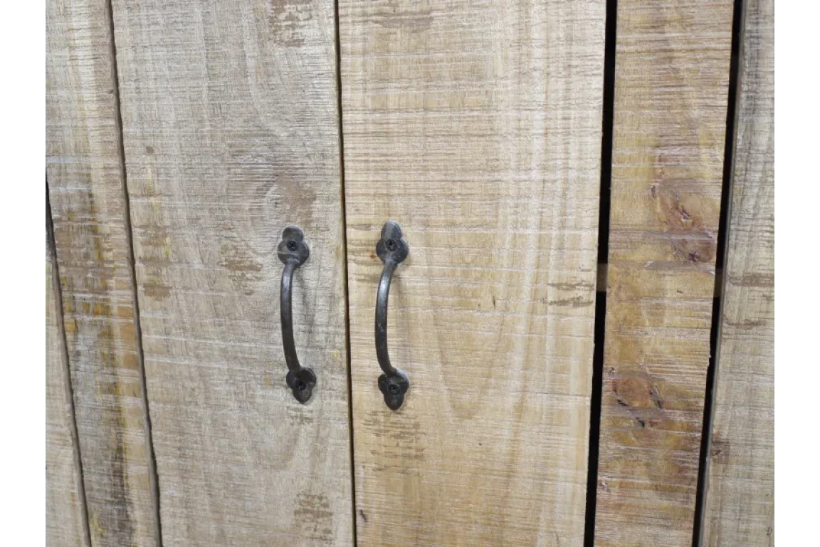 Rustic wood cabinet doors with black metal handles and natural grain texture
