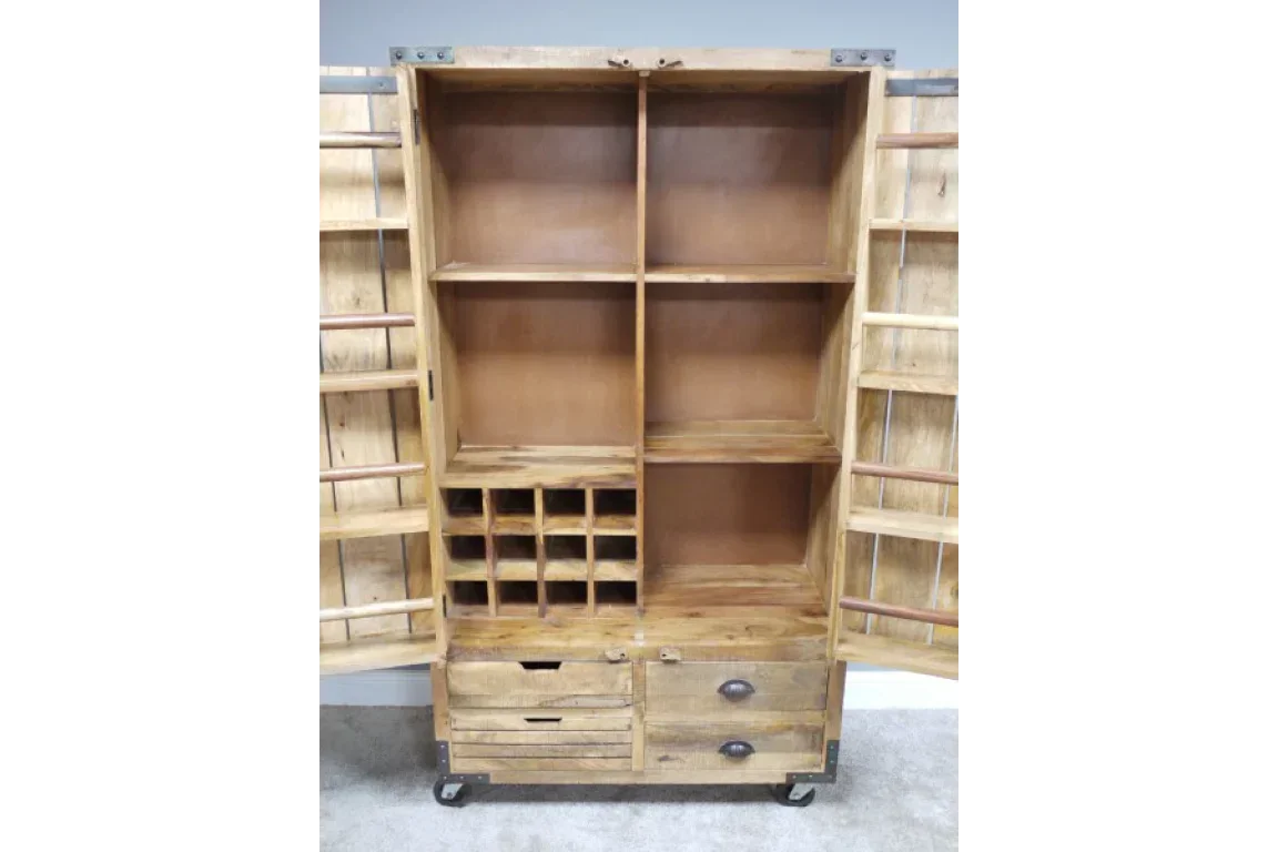 Solid wood drinks cabinet with open doors, shelves, wine rack, and storage drawers