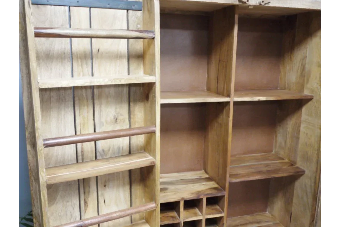 Solid wood storage unit with shelving, cubby holes and attached wooden ladder