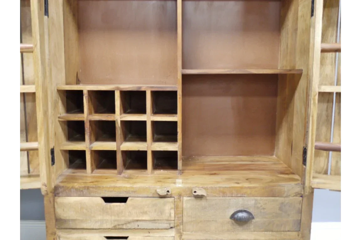 Wooden sideboard with wine rack, open shelves and drawers in natural finish