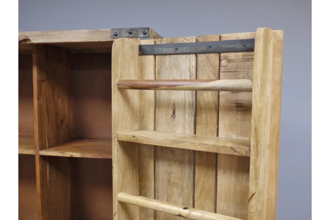 Solid wood bookcase with open shelves and natural wood grain detail