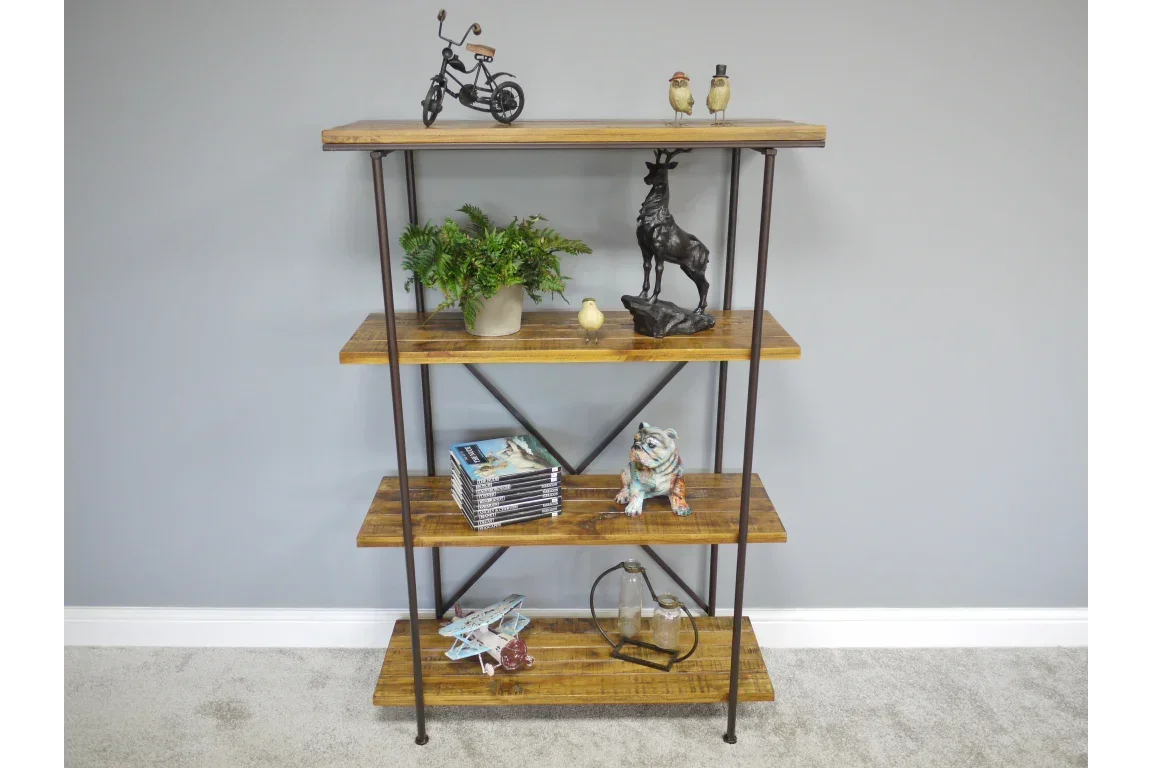 Industrial style wooden shelving unit with metal frame and four shelves, home decor displayed
