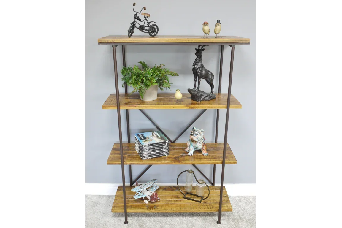 Industrial style wooden shelving unit with metal frame and four shelves, decorated with ornaments