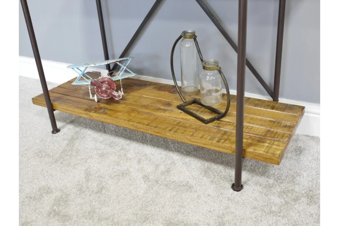 Industrial wooden console table shelf with metal frame, decorative jars and model airplane